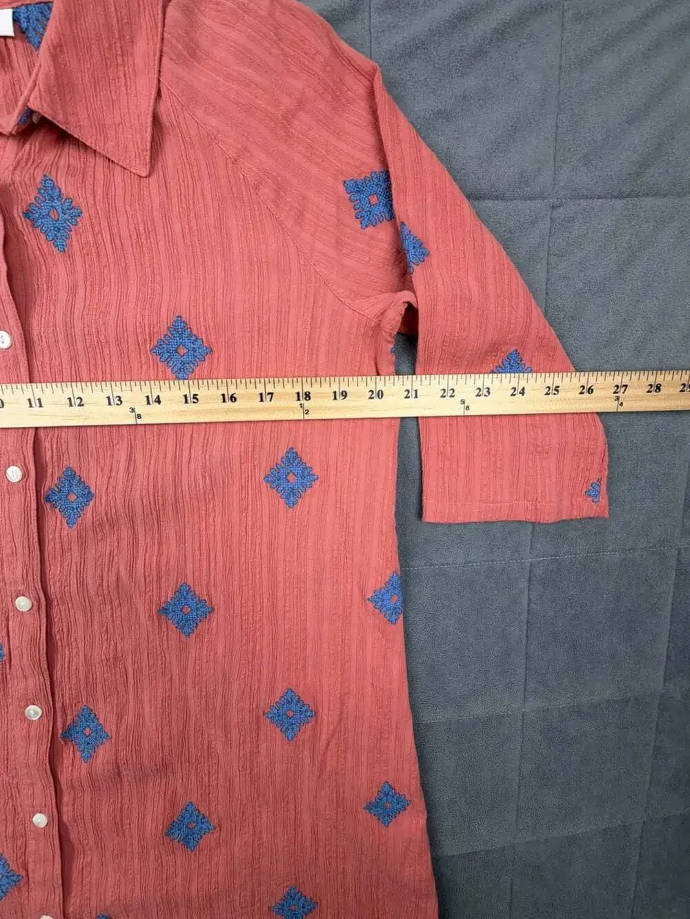 purejill Women's Terracotta Button-Down Shirt with Blue Geometric Embroidery